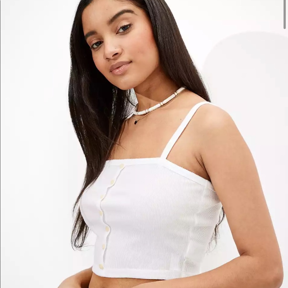 American Eagle White Cropped Ribbed Stitched Tank Top With Buttons